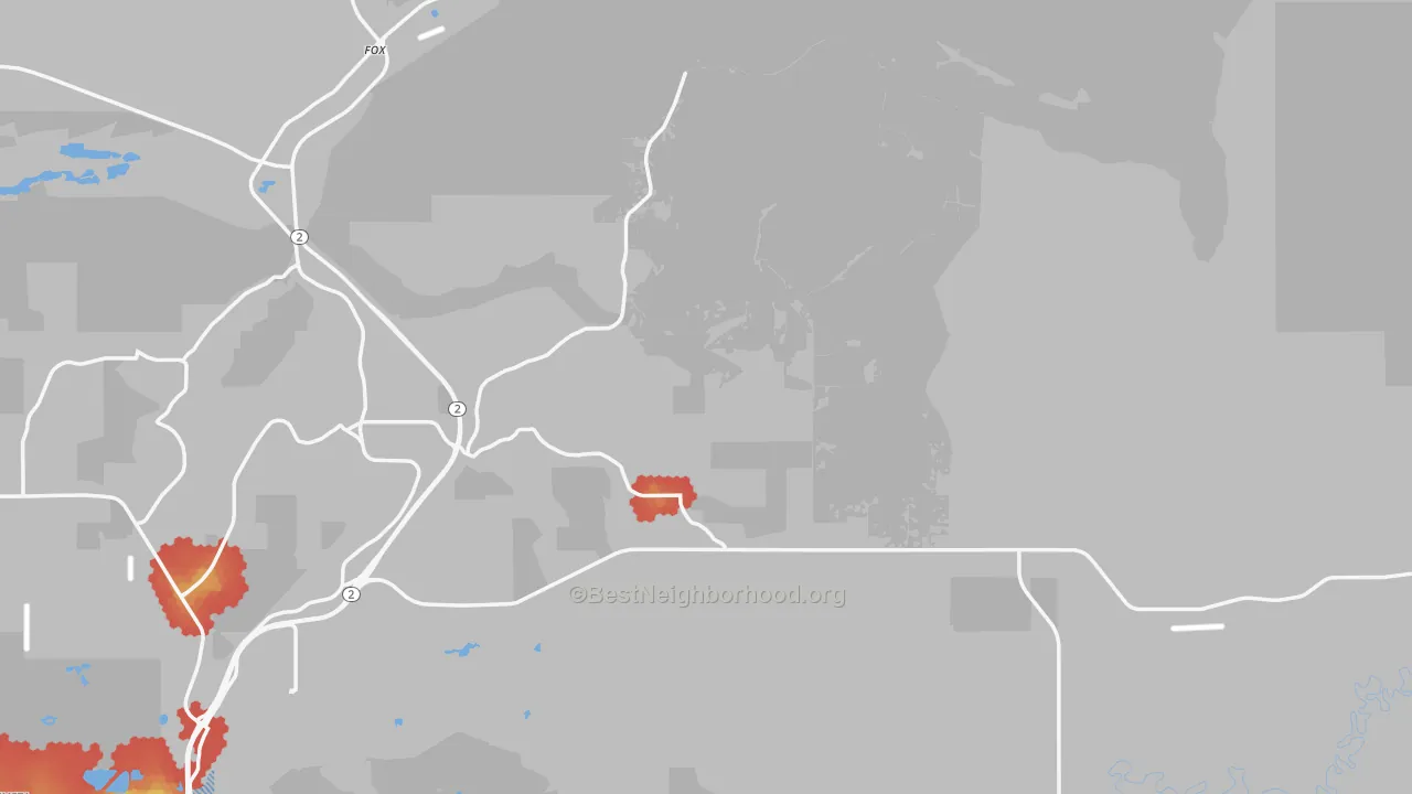 Walk Grade map of 99712, AK, walkable areas in green and car-dependent areas in red