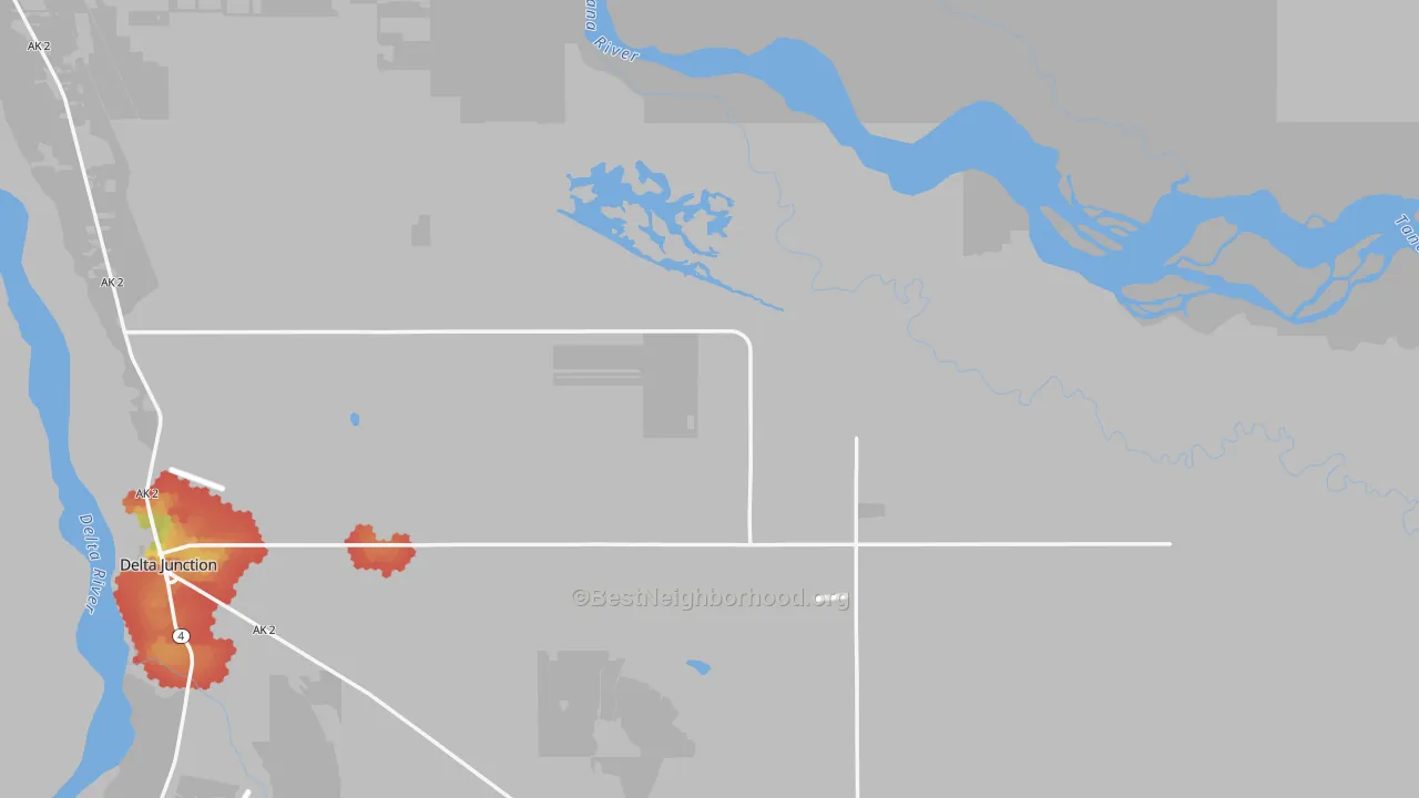 Walk Grade map of 99737, AK, walkable areas in green and car-dependent areas in red