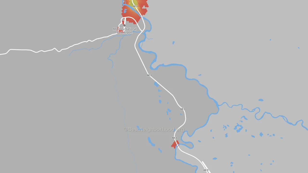 Walk Grade map of 99755, AK, walkable areas in green and car-dependent areas in red