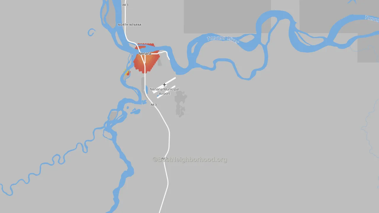 Walk Grade map of 99760, AK, walkable areas in green and car-dependent areas in red