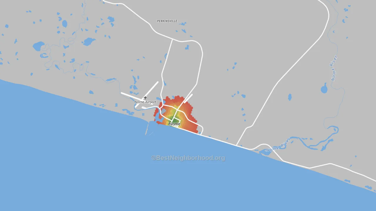 Walk Grade map of 99762, AK, walkable areas in green and car-dependent areas in red