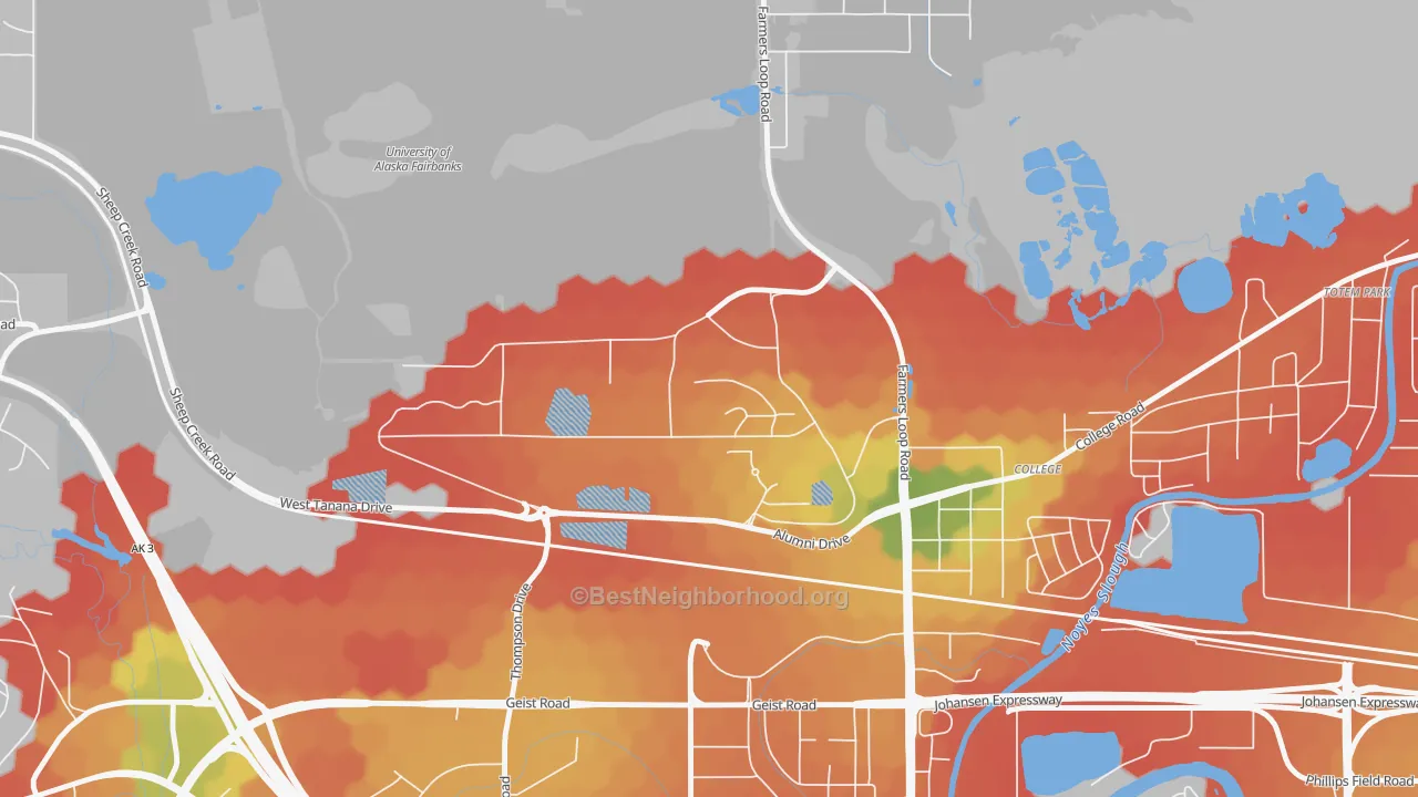Walk Grade map of 99775, AK, walkable areas in green and car-dependent areas in red