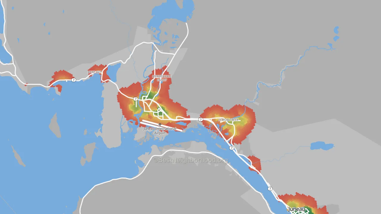 Walk Grade map of 99801, AK, walkable areas in green and car-dependent areas in red