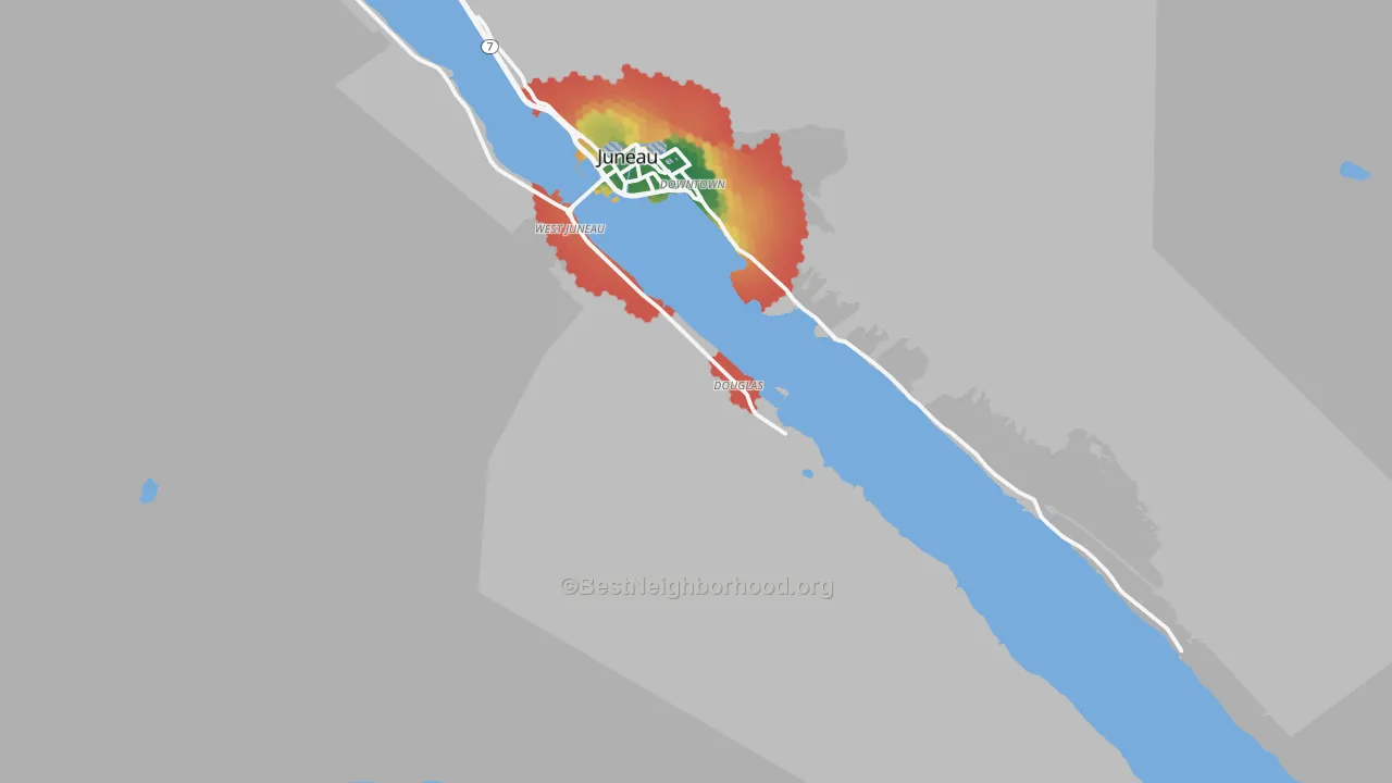 Walk Grade map of 99824, AK, walkable areas in green and car-dependent areas in red