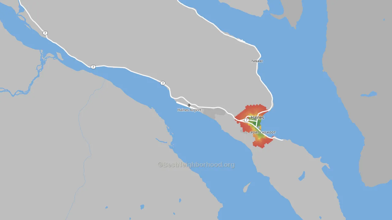 Walk Grade map of 99827, AK, walkable areas in green and car-dependent areas in red