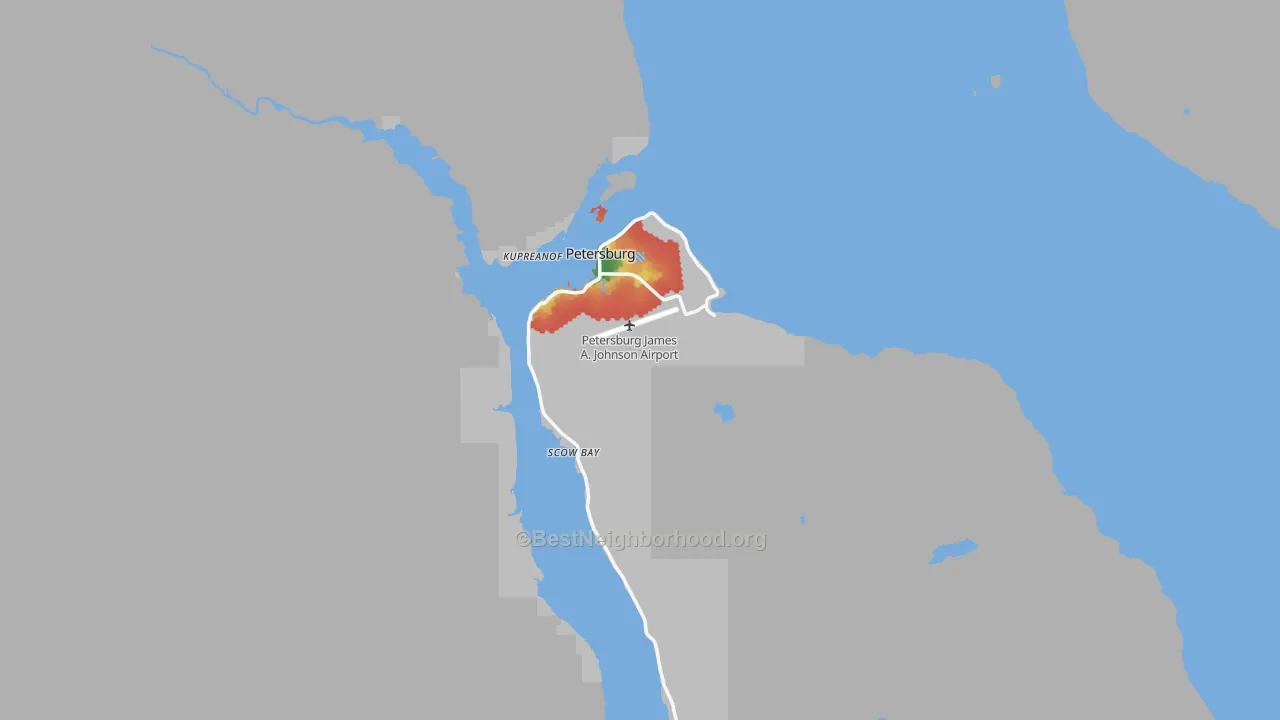 Walk Grade map of 99833, AK, walkable areas in green and car-dependent areas in red
