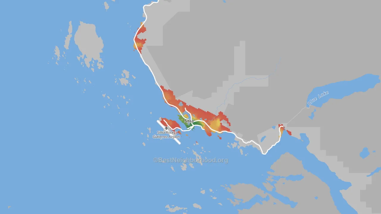 Walk Grade map of 99835, AK, walkable areas in green and car-dependent areas in red