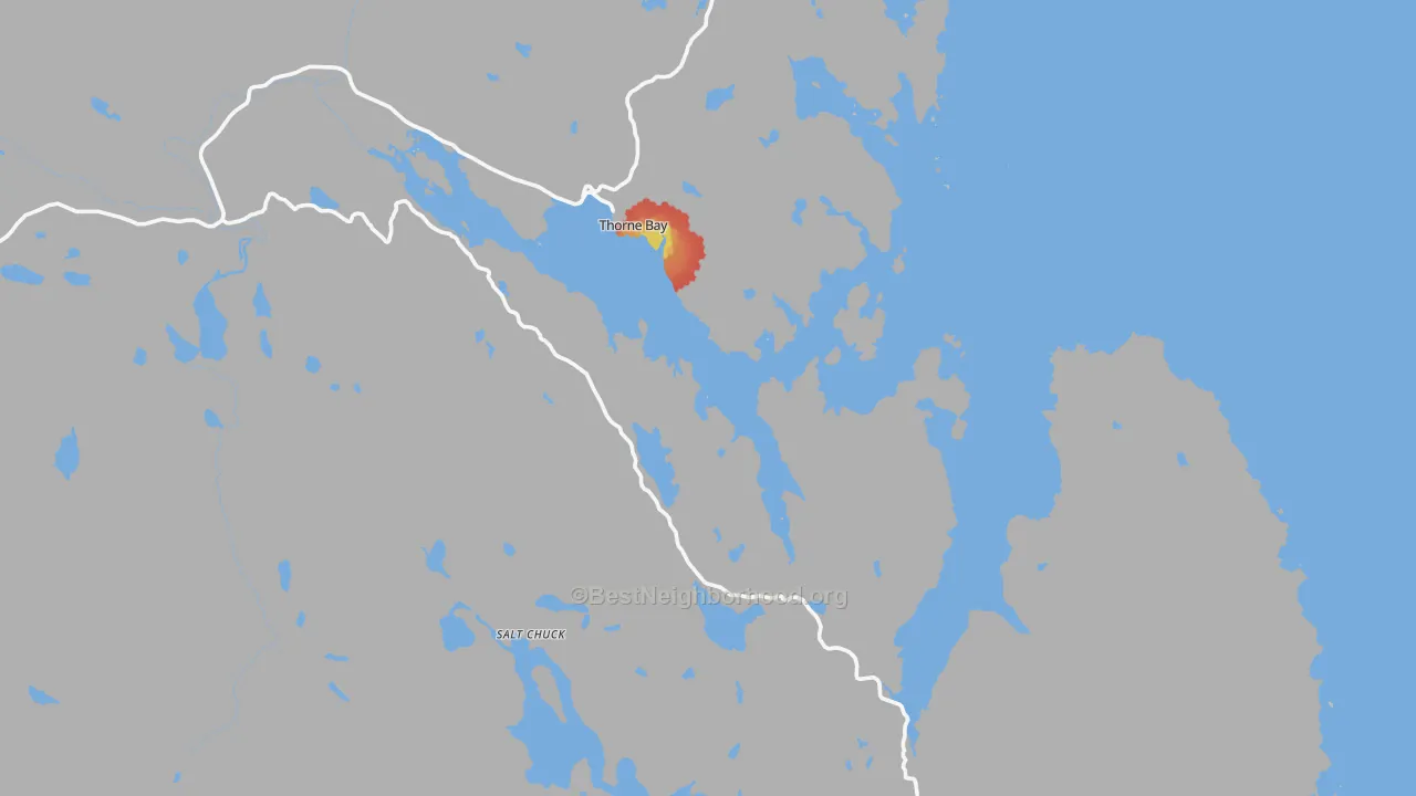 Walk Grade map of 99919, AK, walkable areas in green and car-dependent areas in red