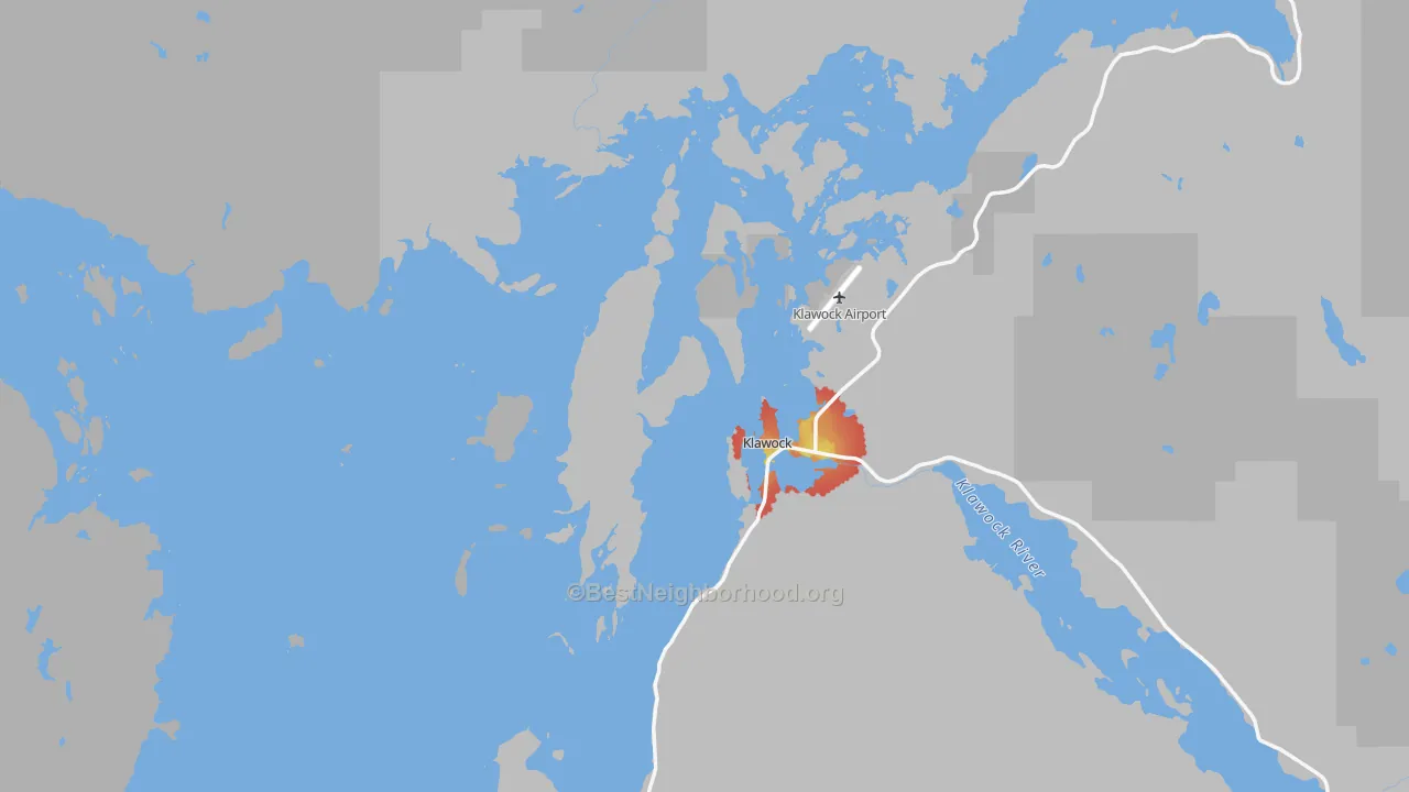 Walk Grade map of 99921, AK, walkable areas in green and car-dependent areas in red
