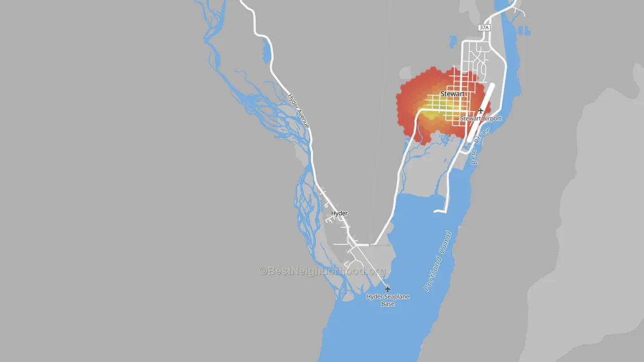 Walk Grade map of 99923, AK, walkable areas in green and car-dependent areas in red