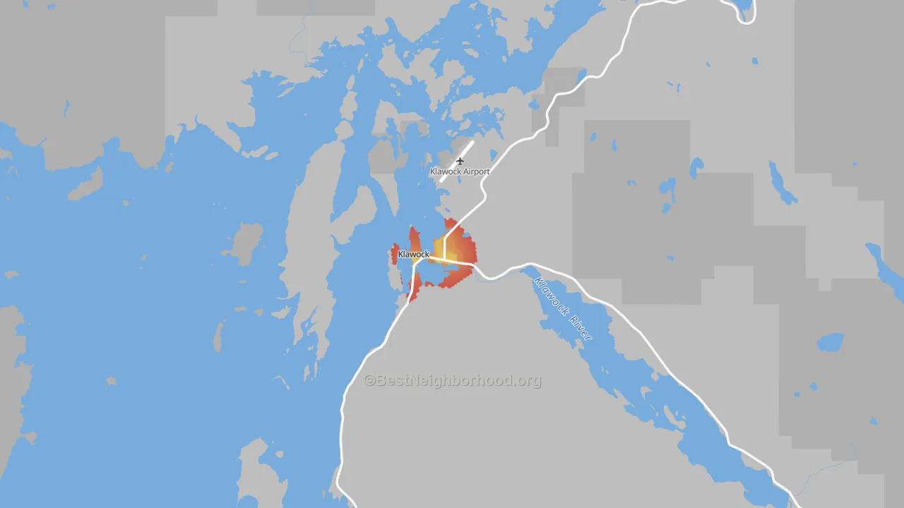 Walk Grade map of 99925, AK, walkable areas in green and car-dependent areas in red