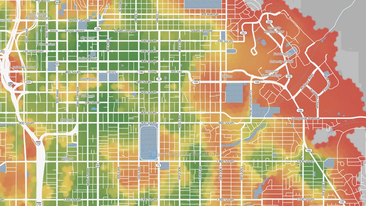 Walk Grade map of 9th and 9th, Salt Lake City, UT, walkable areas in green and car-dependent areas in red