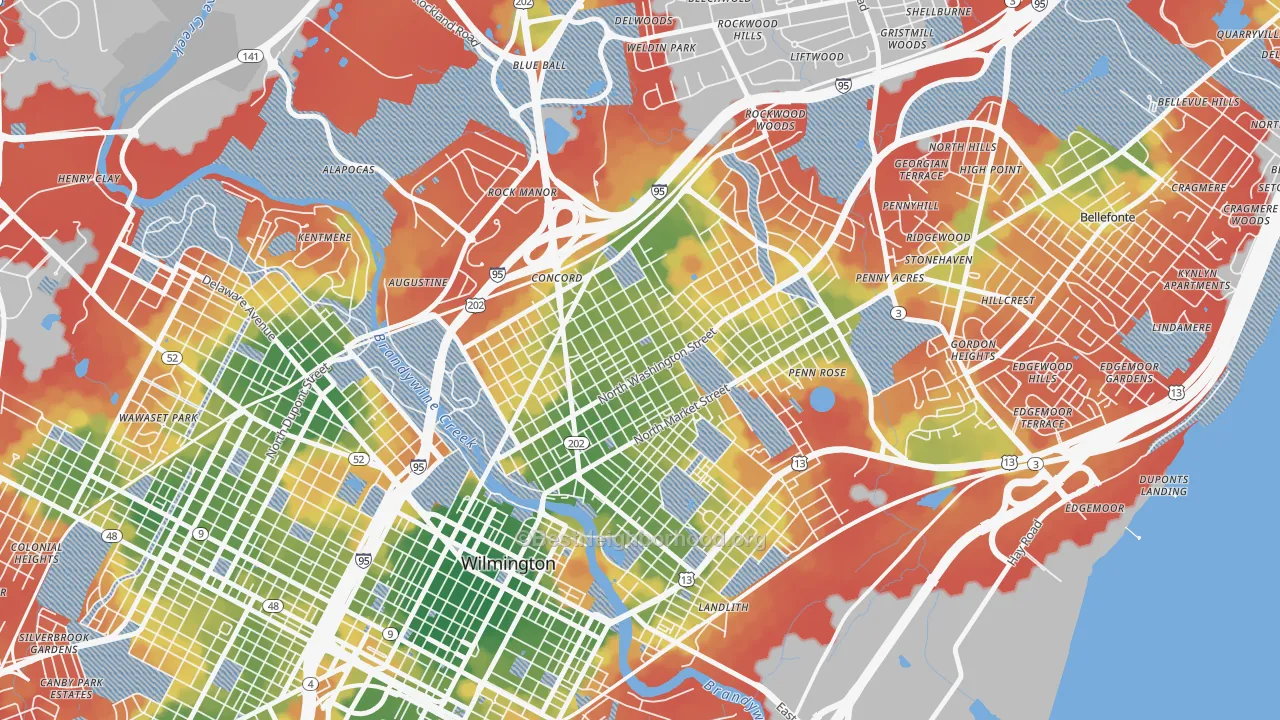Walk Grade map of 9th Ward, Wilmington, DE, walkable areas in green and car-dependent areas in red