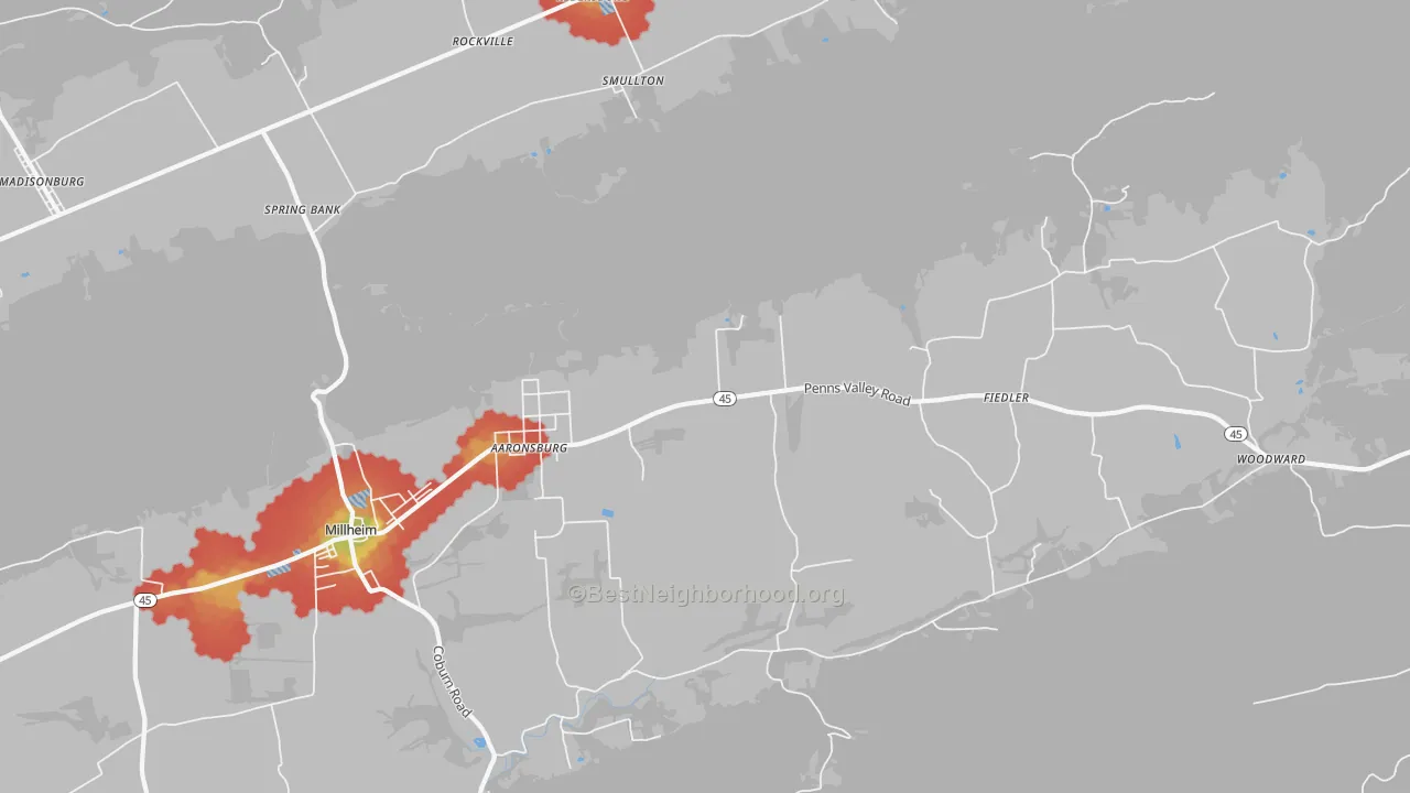 Walk Grade map of Aaronsburg, PA, walkable areas in green and car-dependent areas in red