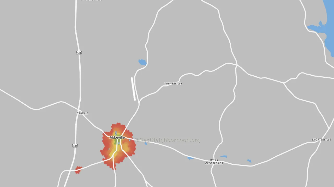 Walk Grade map of Abbeville, AL, walkable areas in green and car-dependent areas in red
