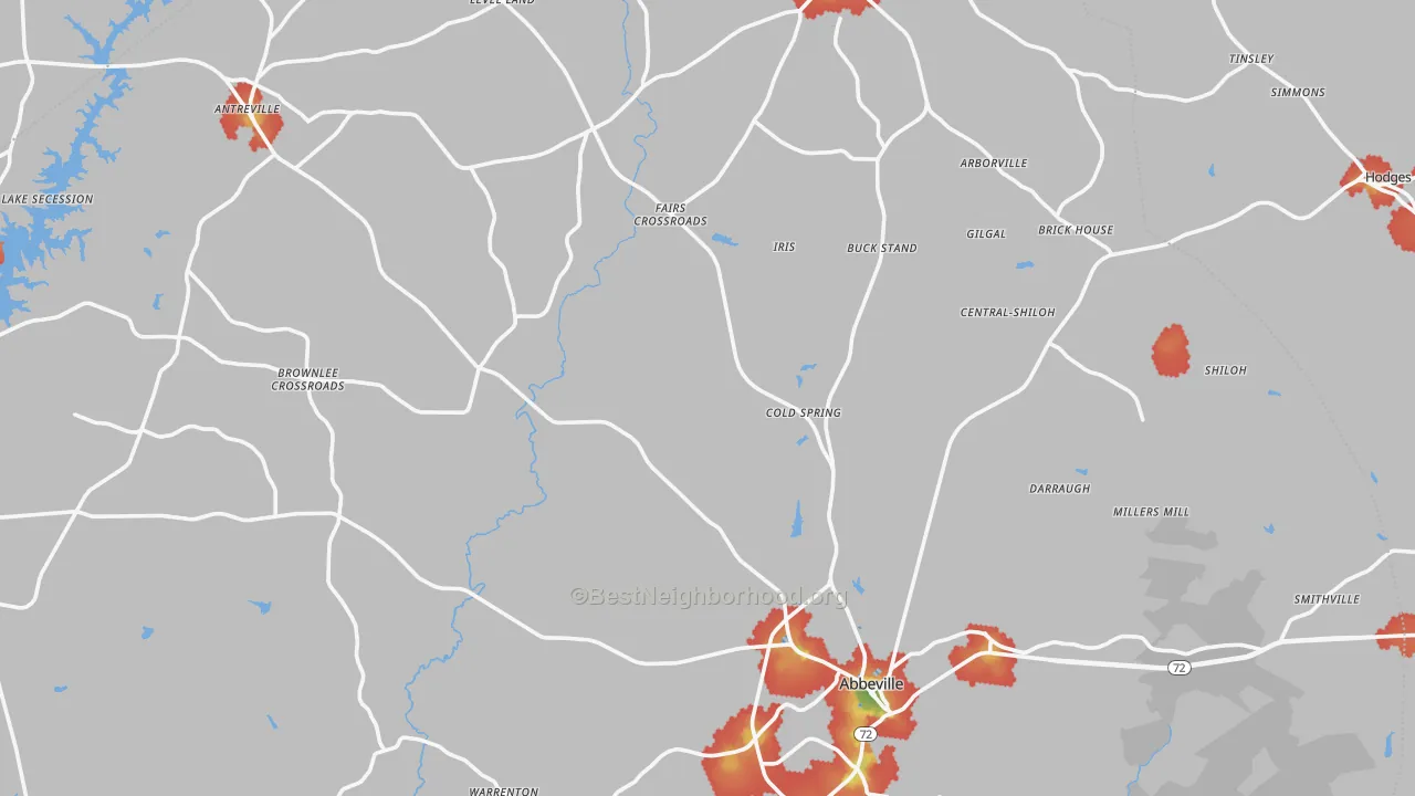 Walk Grade map of Abbeville County, SC, walkable areas in green and car-dependent areas in red