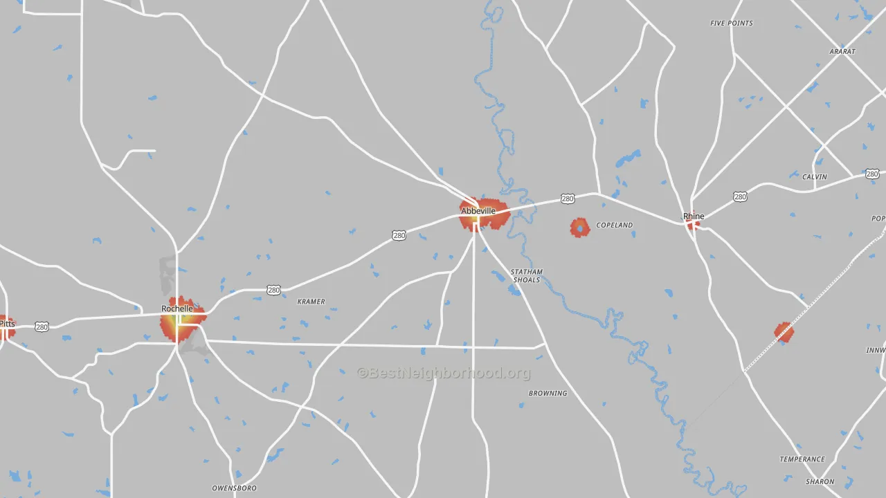 Walk Grade map of Abbeville, GA, walkable areas in green and car-dependent areas in red