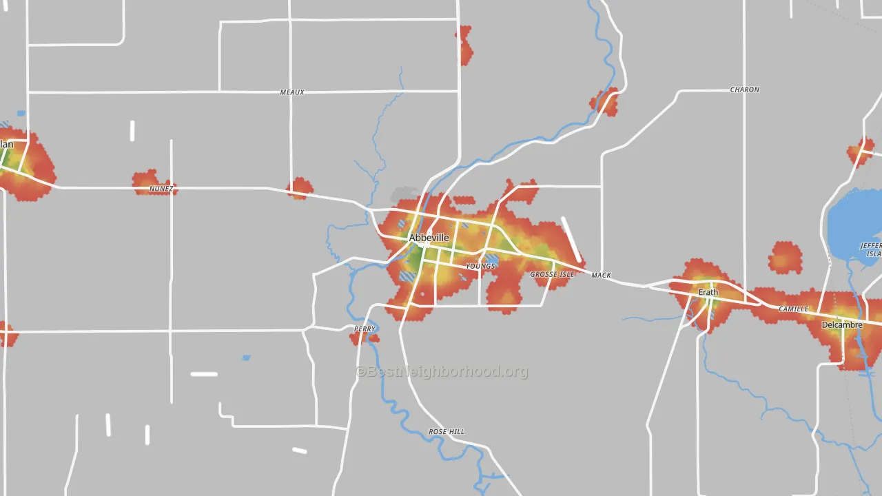 Walk Grade map of Abbeville, LA, walkable areas in green and car-dependent areas in red