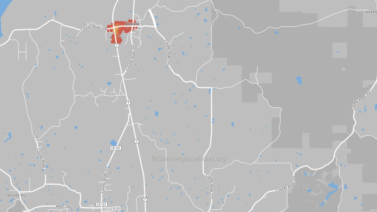 Walk Grade map of Abbeville, MS, walkable areas in green and car-dependent areas in red