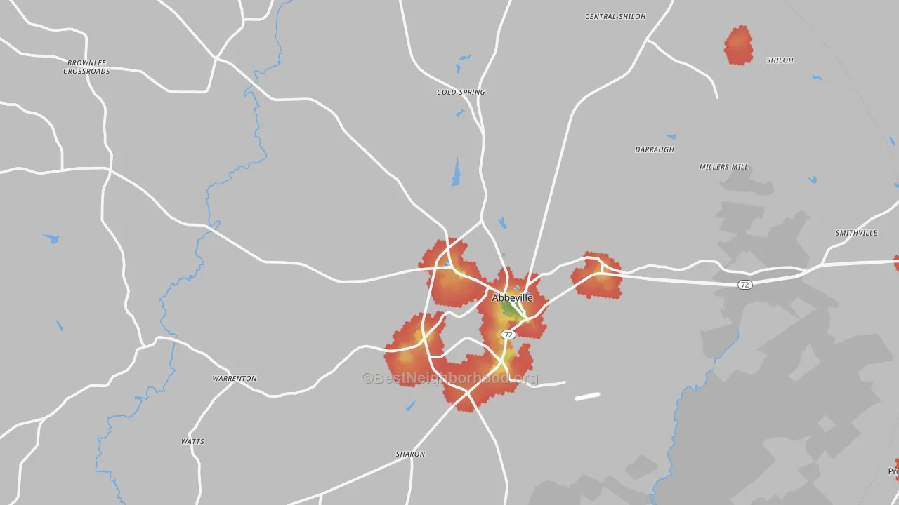 Walk Grade map of Abbeville, SC, walkable areas in green and car-dependent areas in red