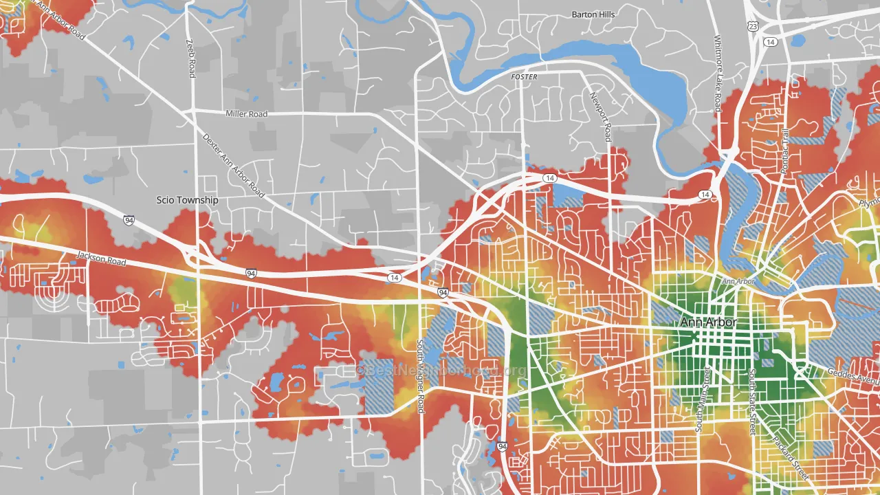 Walk Grade map of Abbot, Ann Arbor, MI, walkable areas in green and car-dependent areas in red