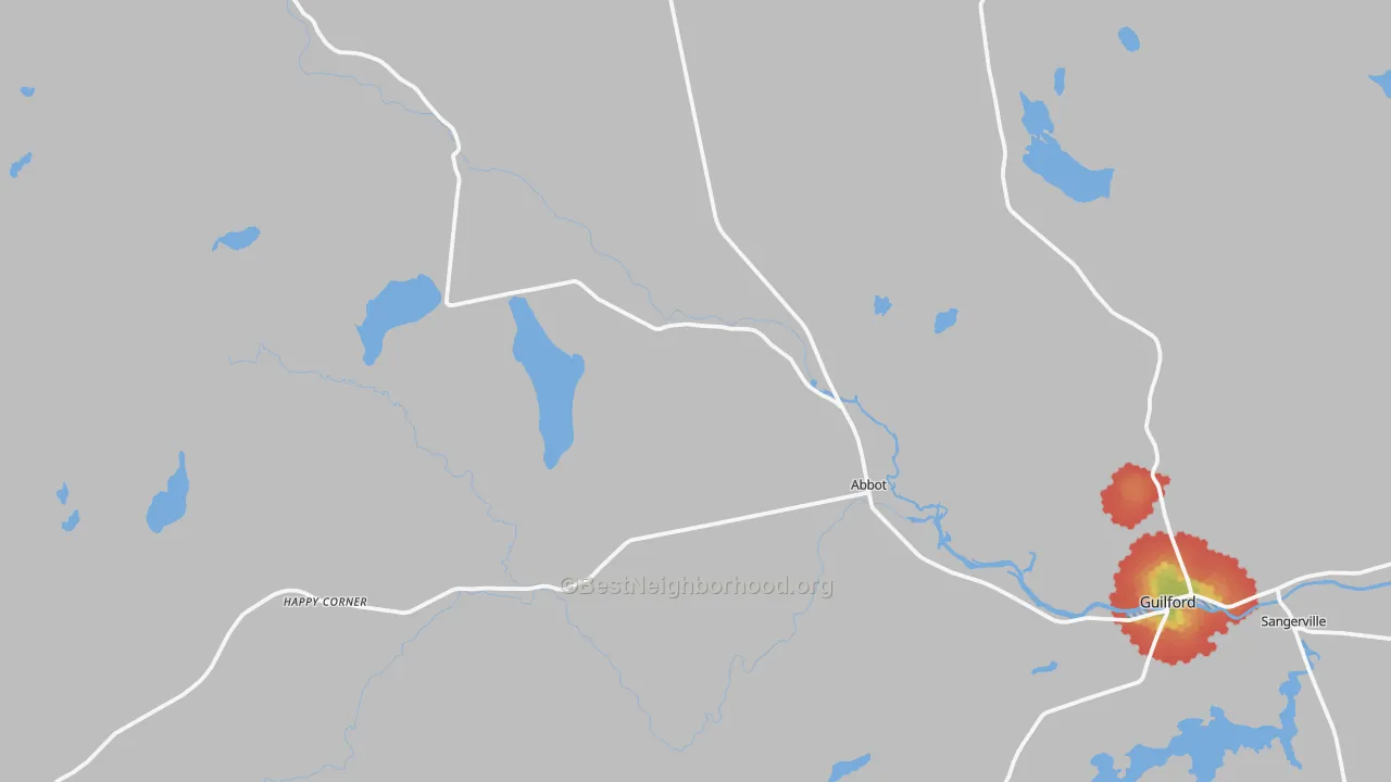 Walk Grade map of Abbot, ME, walkable areas in green and car-dependent areas in red