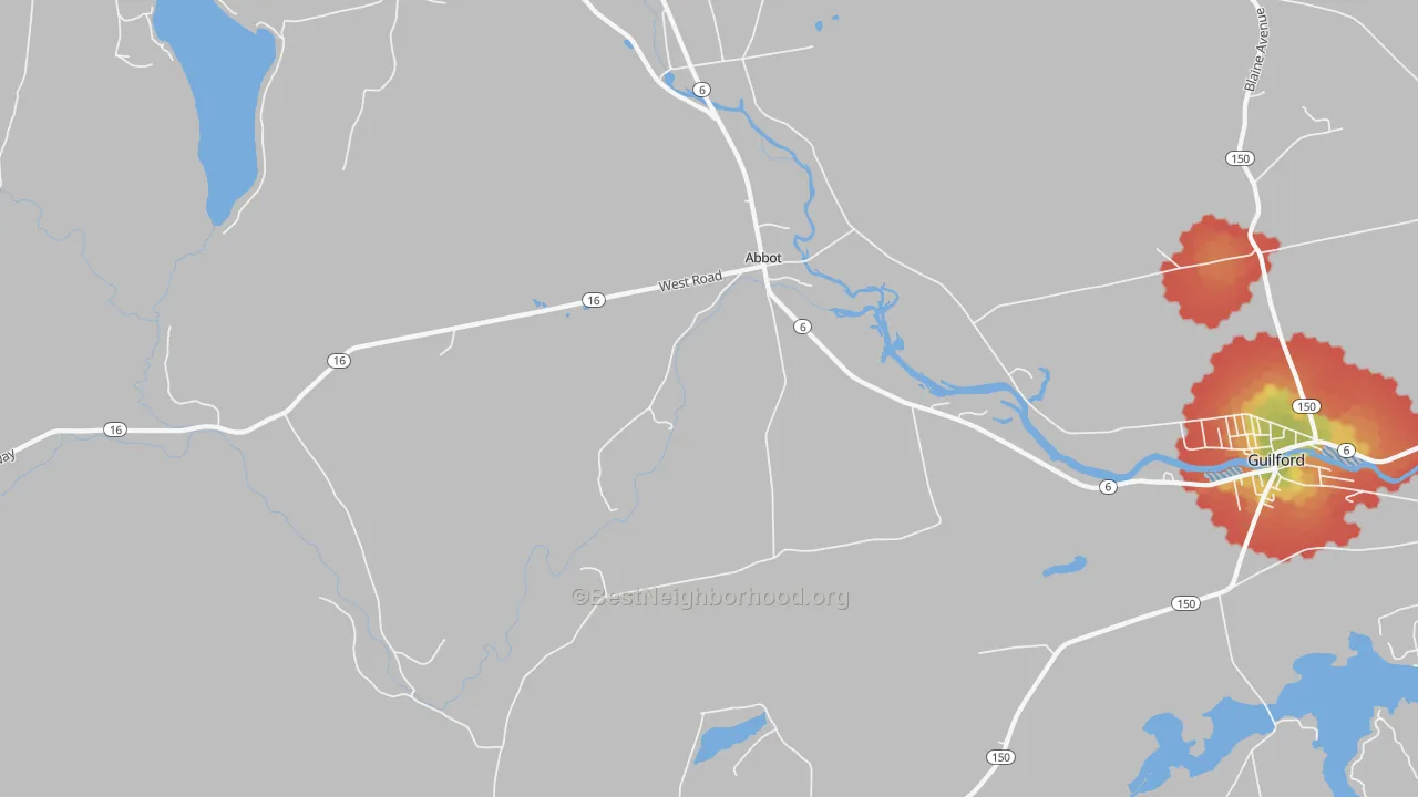 Walk Grade map of Abbot Village, ME, walkable areas in green and car-dependent areas in red