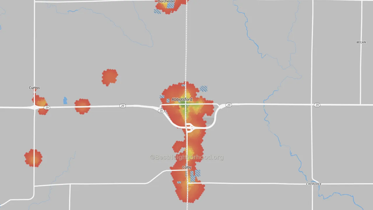 Walk Grade map of Abbotsford, WI, walkable areas in green and car-dependent areas in red