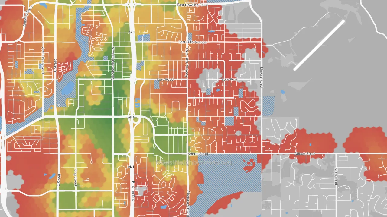 Walk Grade map of Abbott Loop, Anchorage, AK, walkable areas in green and car-dependent areas in red