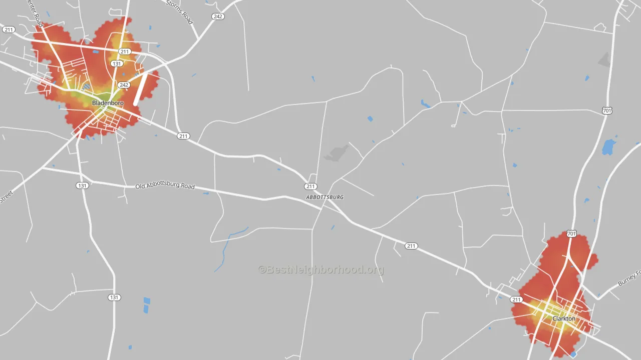 Walk Grade map of Abbottsburg, NC, walkable areas in green and car-dependent areas in red
