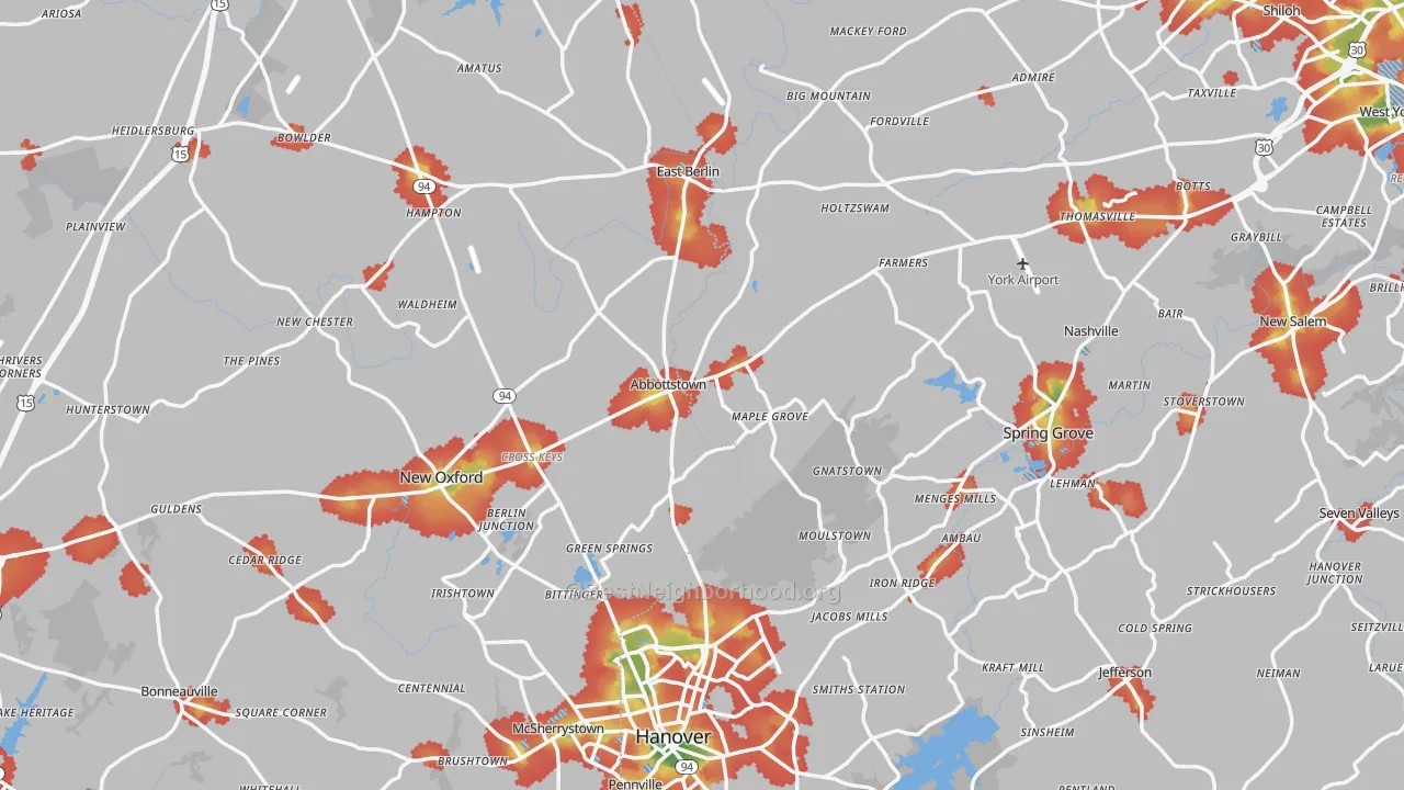 Walk Grade map of Abbottstown, PA, walkable areas in green and car-dependent areas in red
