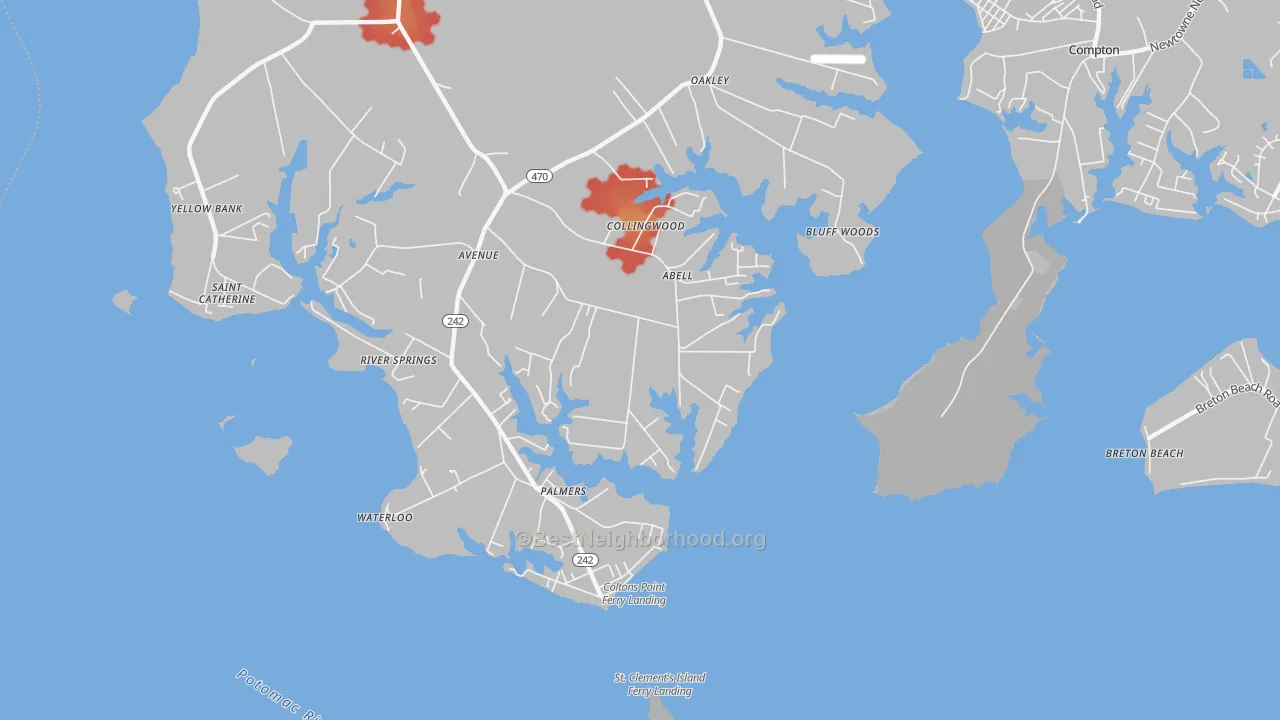 Walk Grade map of Abell, MD, walkable areas in green and car-dependent areas in red