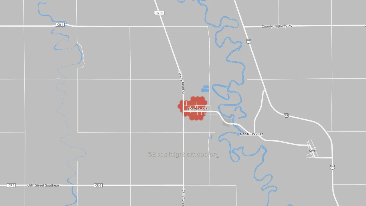 Walk Grade map of Abercrombie, ND, walkable areas in green and car-dependent areas in red