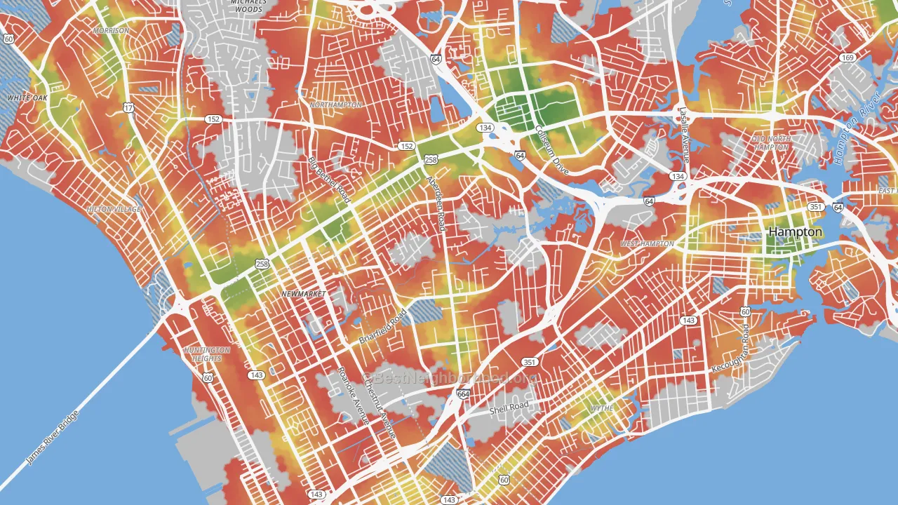 Walk Grade map of Aberdeen, Hampton, VA, walkable areas in green and car-dependent areas in red