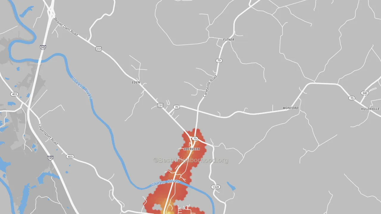 Walk Grade map of Aberdeen, KY, walkable areas in green and car-dependent areas in red