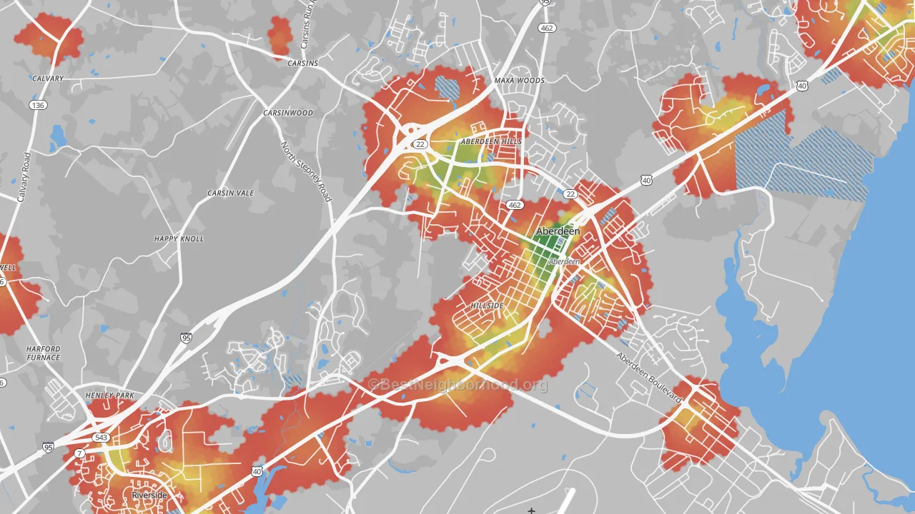 Walk Grade map of Aberdeen, MD, walkable areas in green and car-dependent areas in red