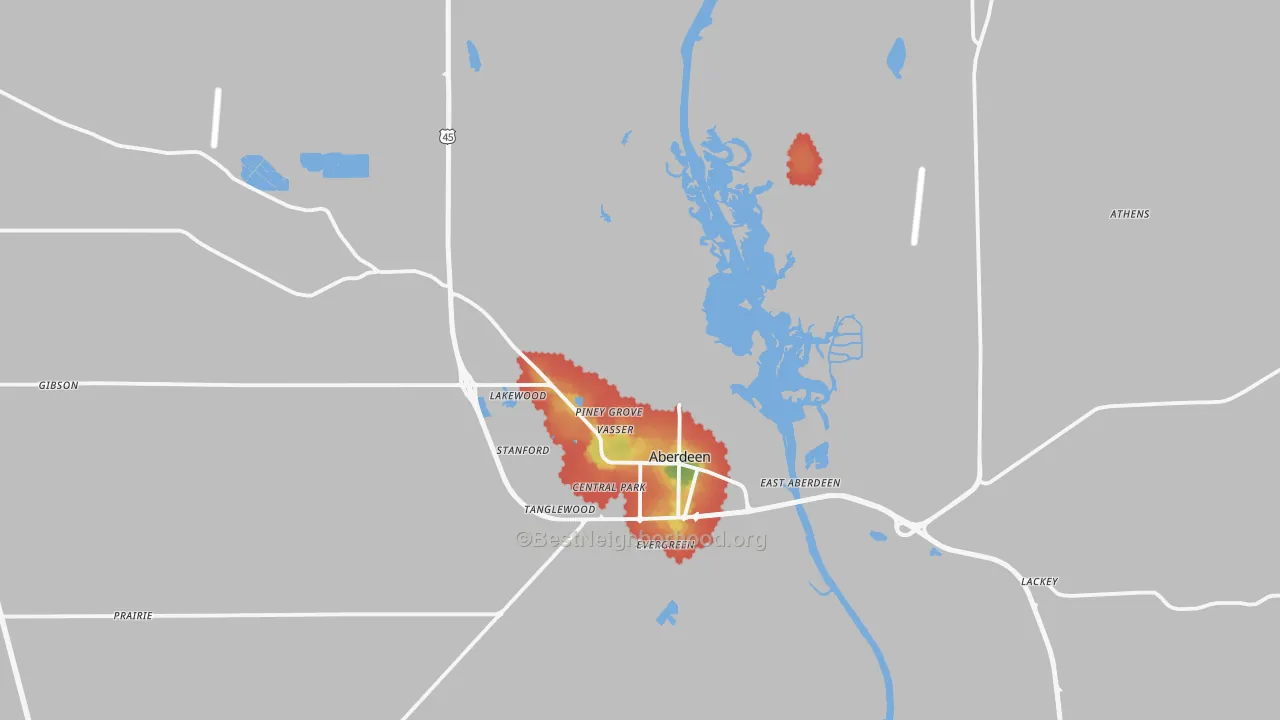 Walk Grade map of Aberdeen, MS, walkable areas in green and car-dependent areas in red