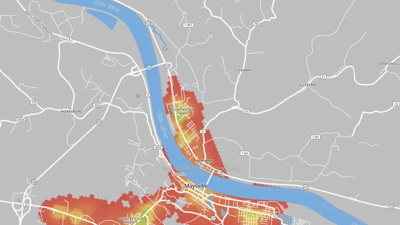 Walk Grade map of Aberdeen, OH, walkable areas in green and car-dependent areas in red