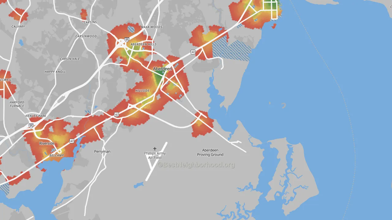 Walk Grade map of Aberdeen Proving Ground, MD, walkable areas in green and car-dependent areas in red