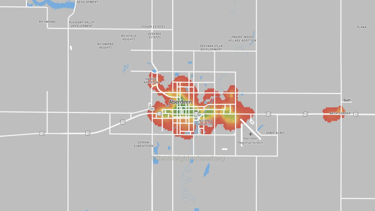 Walk Grade map of Aberdeen, SD, walkable areas in green and car-dependent areas in red