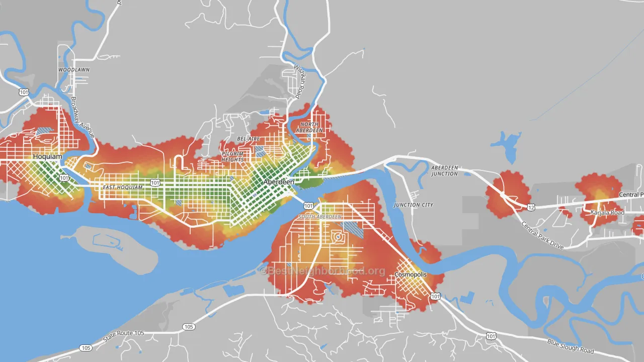 Walk Grade map of Aberdeen, WA, walkable areas in green and car-dependent areas in red