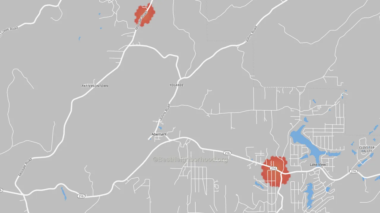 Walk Grade map of Abernant, AL, walkable areas in green and car-dependent areas in red