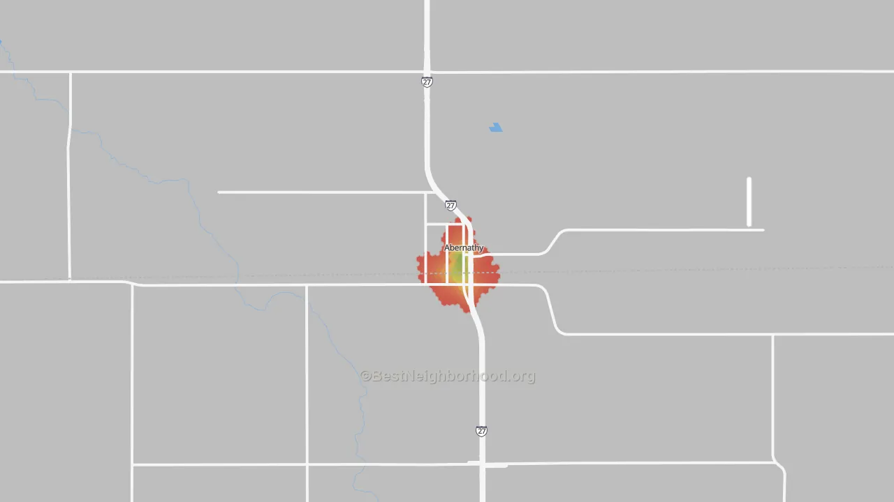 Walk Grade map of Abernathy, TX, walkable areas in green and car-dependent areas in red