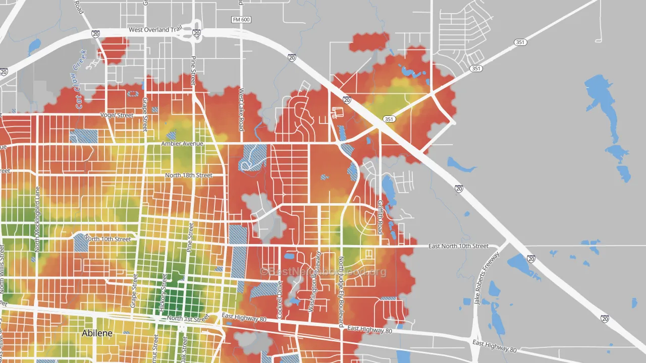 Walk Grade map of Abilene Heights Area, Abilene, TX, walkable areas in green and car-dependent areas in red