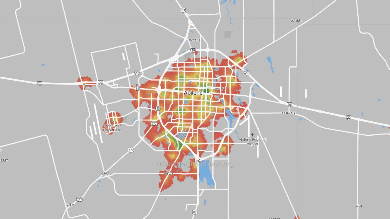 Walk Grade map of Abilene, TX, walkable areas in green and car-dependent areas in red