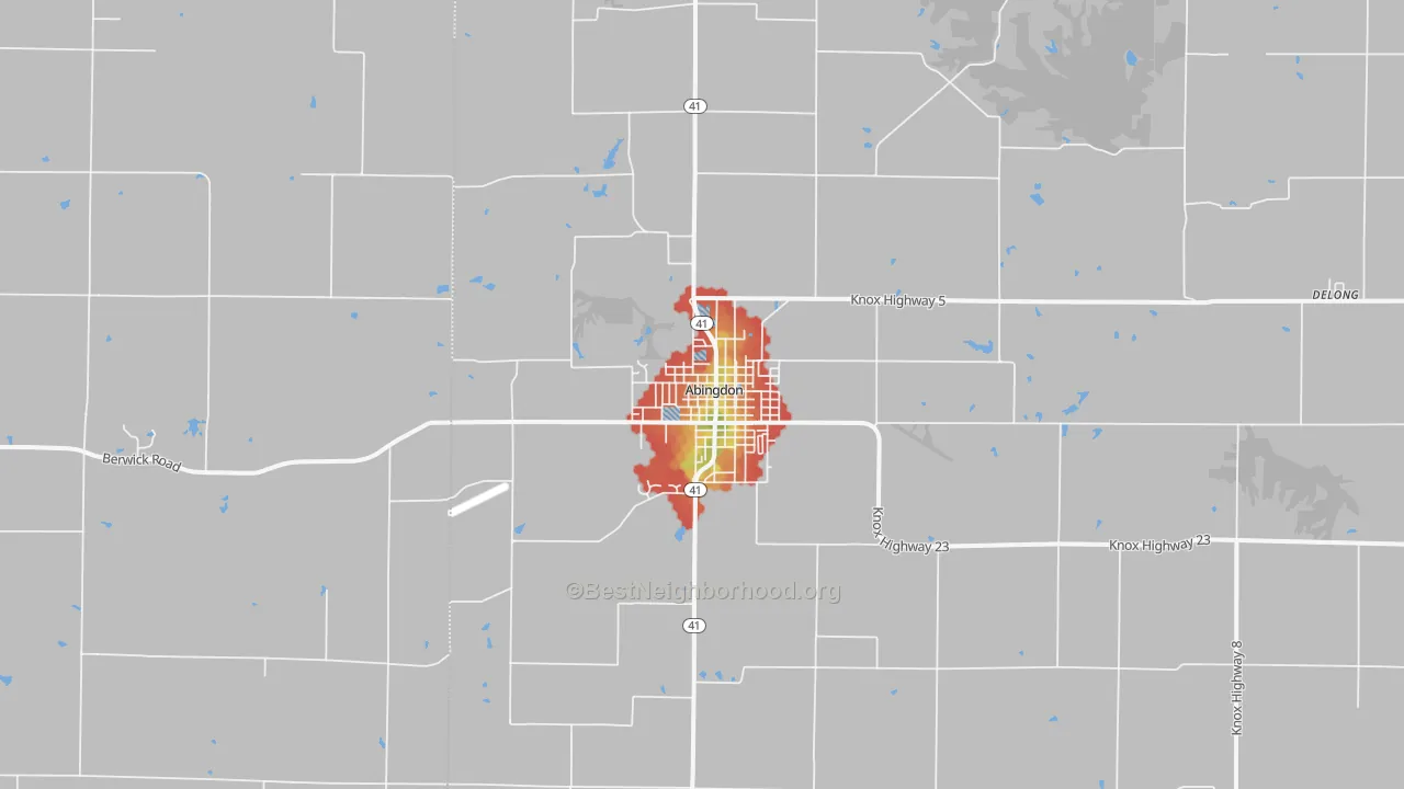 Walk Grade map of Abingdon, IL, walkable areas in green and car-dependent areas in red