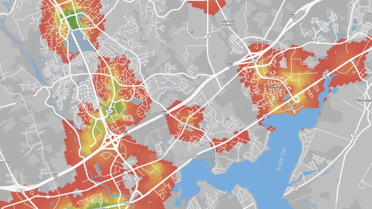 Walk Grade map of Abingdon, MD, walkable areas in green and car-dependent areas in red