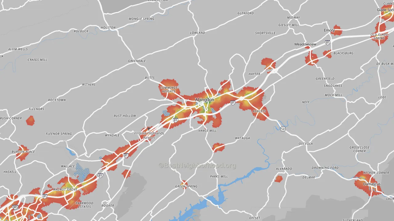 Walk Grade map of Abingdon, VA, walkable areas in green and car-dependent areas in red