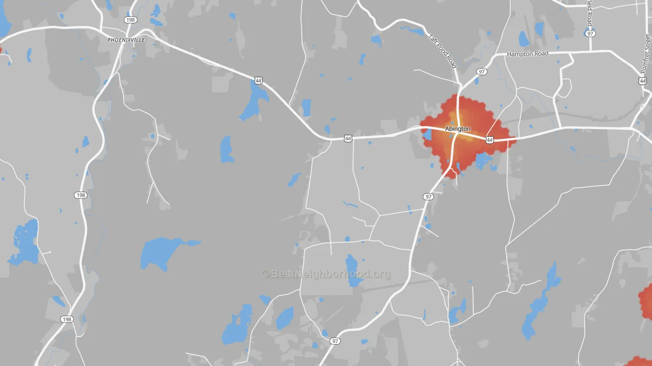 Walk Grade map of Abington, CT, walkable areas in green and car-dependent areas in red