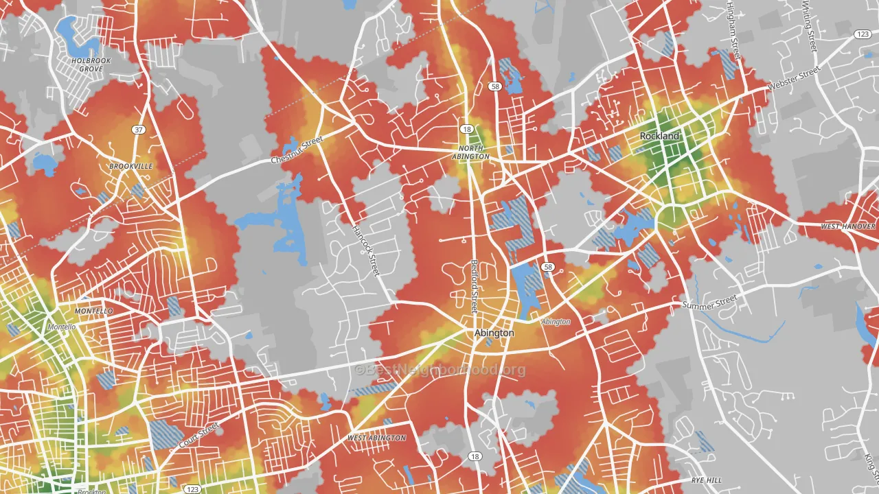 Walk Grade map of Abington, MA, walkable areas in green and car-dependent areas in red